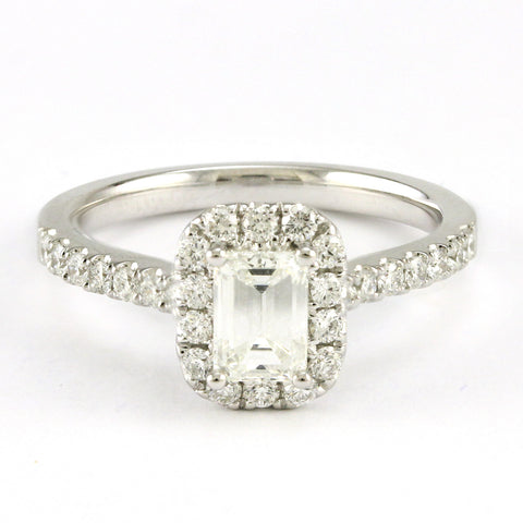 14k White Gold Emerald Cut Diamond Halo Engagement Ring